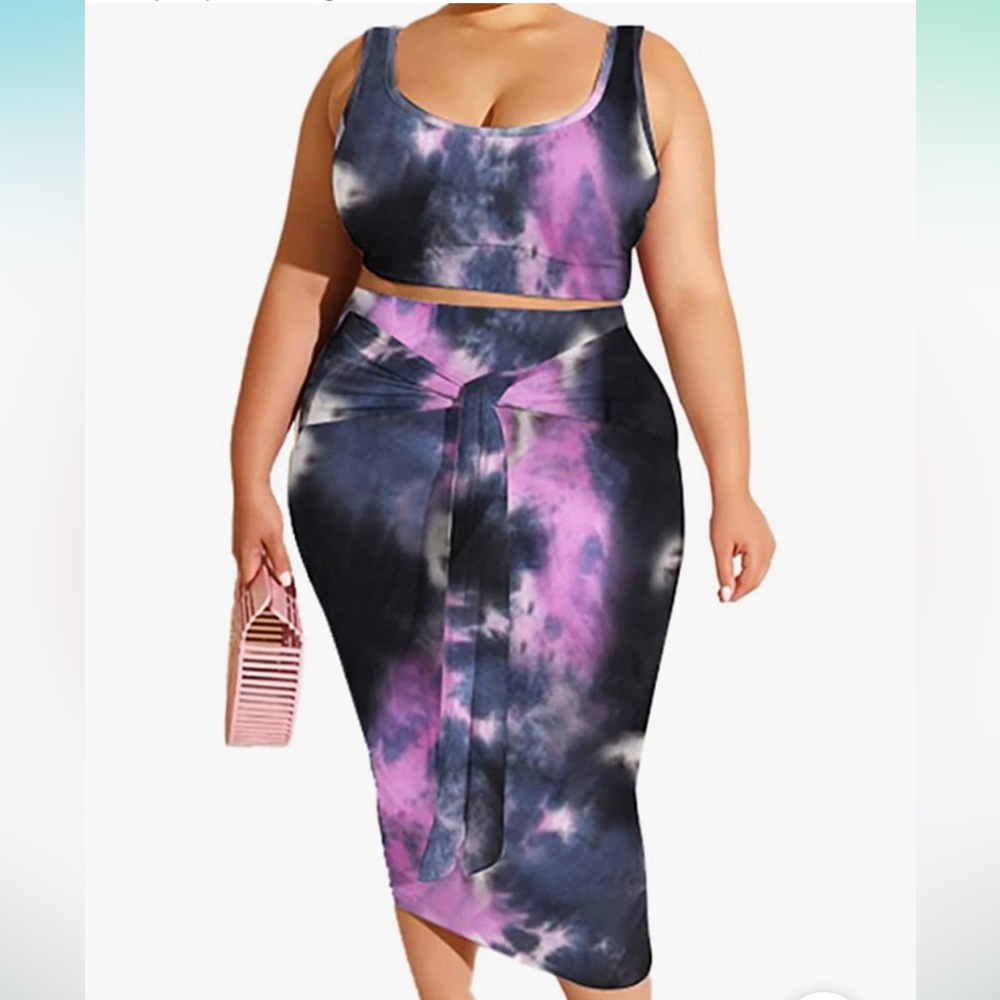 NWOT 2 Piece Set Tie Dye Purple Pink Skirt Tank Matching Coordinates 3X